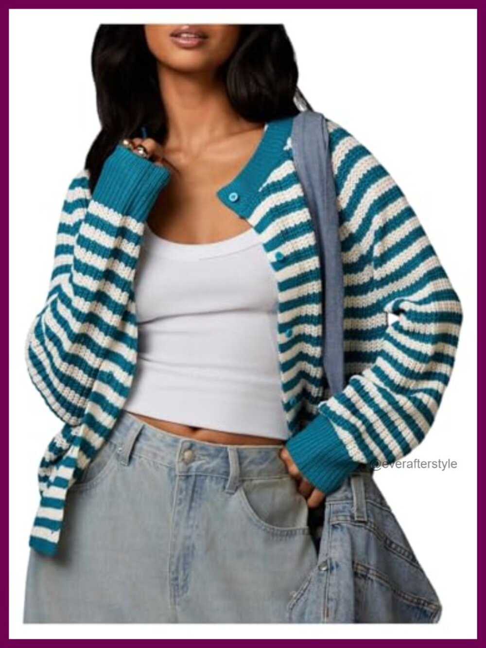 Women's Striped Button Up Cardigan Knit Long Sleeve Crewneck
